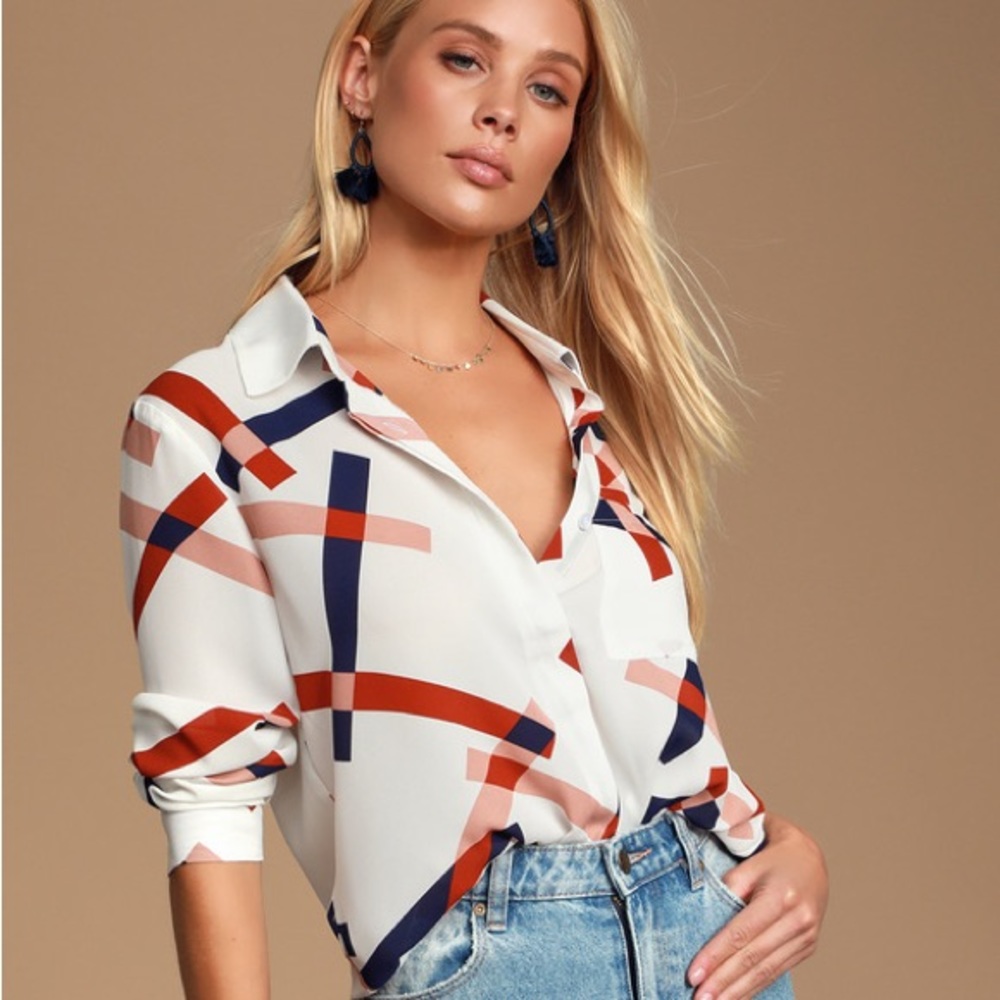 Lulu’s Size L Camrose White Geometric Print Button-Up Long Sleeve Top